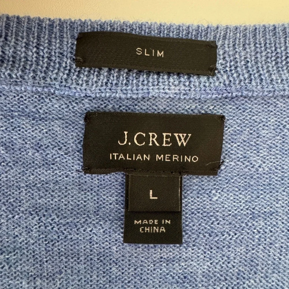J.Crew Italian Merino Wool V-Neck Sweater Large Blue Slim Fit Tollegno 1900 Soft